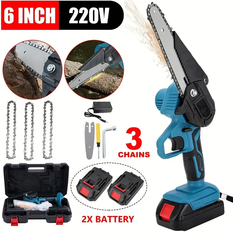 Oz Bargains™ 6″ Mini Cordless Chainsaw – 2× 36V Batteries, One-Hand Wood Cutter
