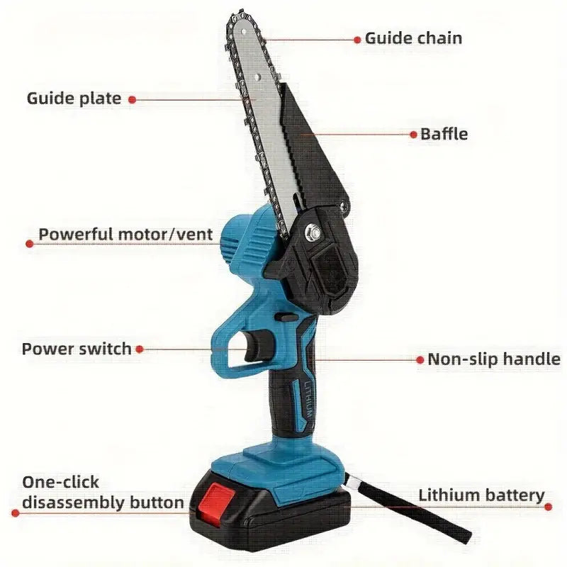 Oz Bargains™ 6″ Mini Cordless Chainsaw – 2× 36V Batteries, One-Hand Wood Cutter